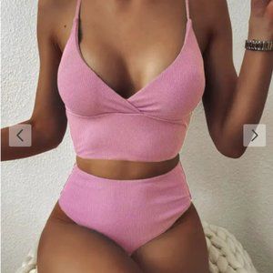 ZAFUL Ribbed High Cut Surplice Tankini Swimsuit - Flamingo Pink Size MEDIUM